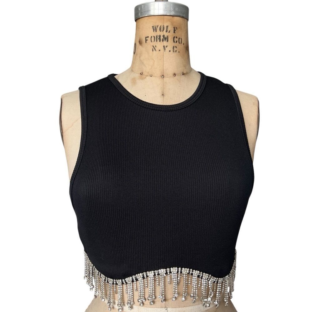 Black Ribbed Crop Top with Rhinestone Fringe Size S